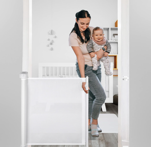 lot 148 image: Papablic Retractable Baby Gate, Auto Lock Safety Gate for Baby and Pet, 34 Tall, Extends to 54 Wide