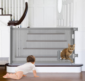 lot 150 image: GROWNSY Retractable Baby Gates, Pet Gate with Cat Door - 33 Tall, Extends to 55 Wide Dog Gate for Stairs, Mesh Baby Gate with Door for CatsSmall Dogs