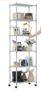 lot 152 image: Devo Shelves for Storage Rolling Wire Rack, Shelf with Wheels Shelving Units and Storage, Metal Standing Shelves, 21 L  11 W  63 H, Silver