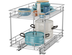 lot 160 image: ROOMTEC Pull Out Cabinet Organizer, Kitchen Cabinet Organizer and Storage 2-Tier Cabinet Pull Out Shelves 15 x 22