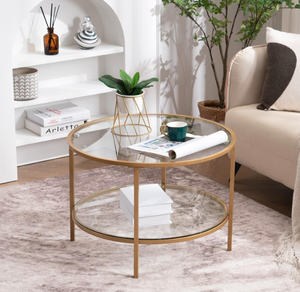 lot 483 image: VINGLI 25.6 Round Gold Coffee Tables for Living Room, 2-Tier Glass Top Coffee Table