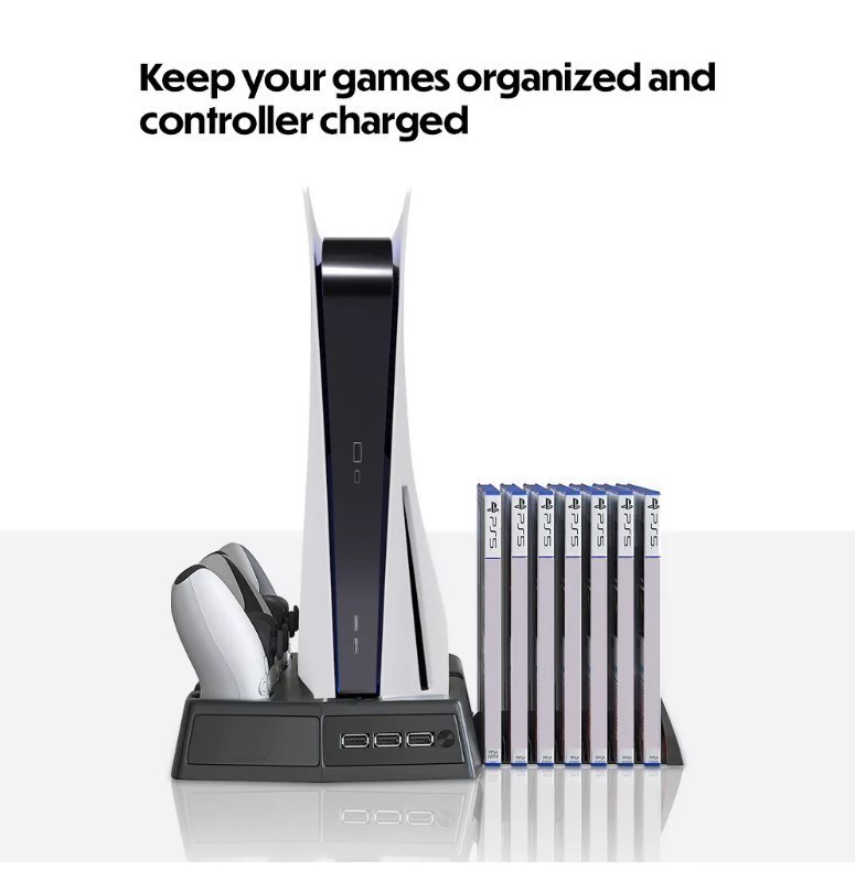 lot 938 image: Wasserstein 3-in-1 Playstation 5 Vertical Cooling Stand with DualSense Controller Charging Station, Cooling Fan, and Video Games Storage