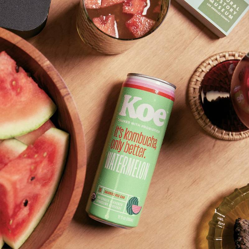 lot 406 image: Koe Kombucha Cans, Watermelon  Organic Sparkling Fruit Drinks With Live Probiotics and Vitamin C  12 oz Pack of 12