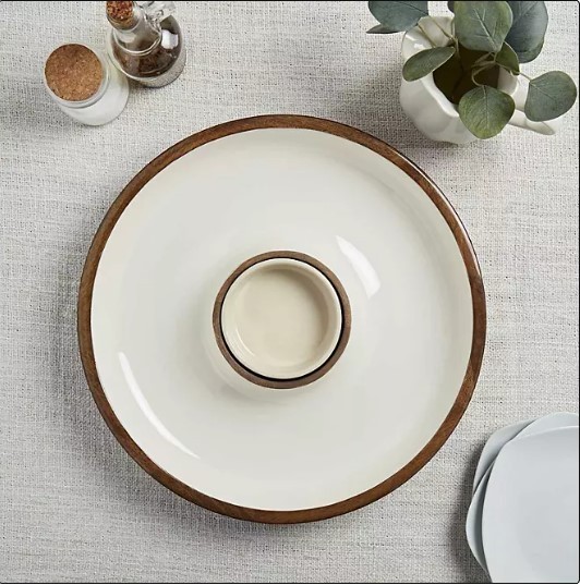 lot 407 image: NEW Members Mark 15-in. Mango Wood Chip & Dip Serving Platter - Ivory