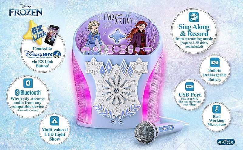 lot 414 image: NEW eKids Disney Frozen Karaoke Machine for Kids, Bluetooth Speaker with Microphone, USB Port to Play Music, Easily Access Frozen Playlists with New EZ Link Feature