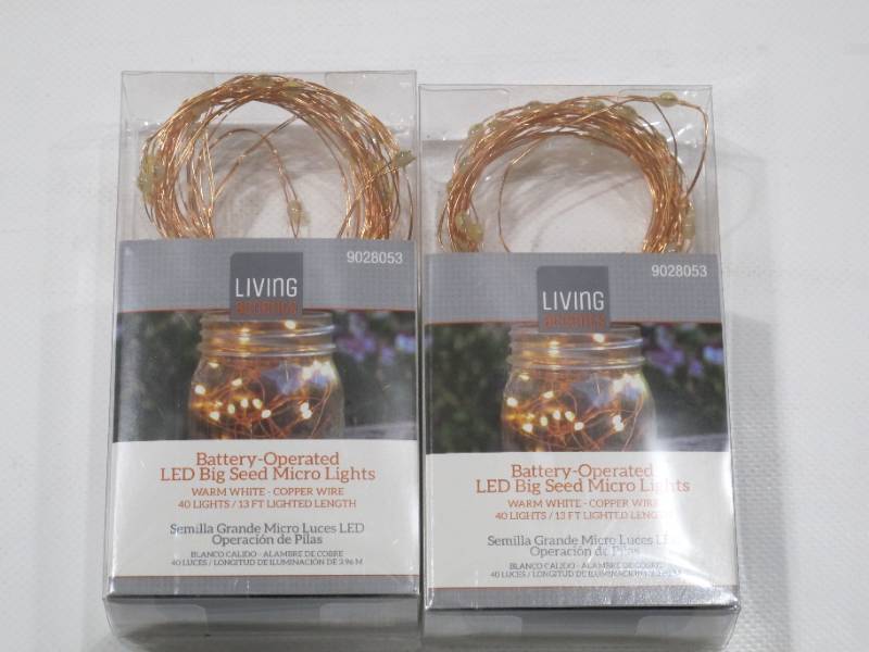 lot 441 image: NEW 2 Pack of Living Accents LED Big Seed Micro Copper Wire Light Set Warm White 13 ft. 40 lights per strand
