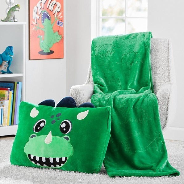 lot 528 image: NEW Members Mark Kids Squishy Pillow Friend and Throw Blanket Set - Gray Dino