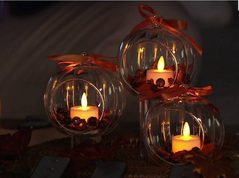 lot 277 image: Luminara Set of Three Glass Ornaments with Flameless Tealight Candle - Harvest