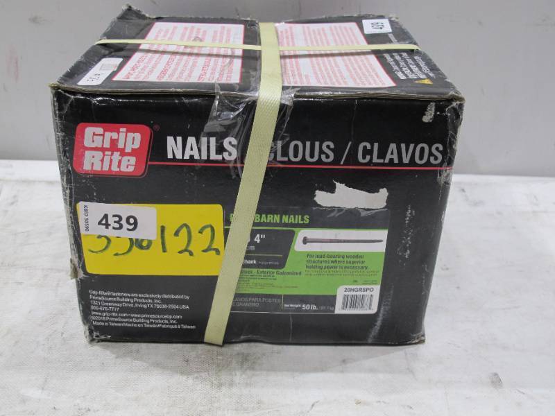 lot 284 image: NEW 50 lb box of Grip-Rite 4-in Hot-Dipped Galvanized Ring Pole Barn Nails (1650-Per Box)