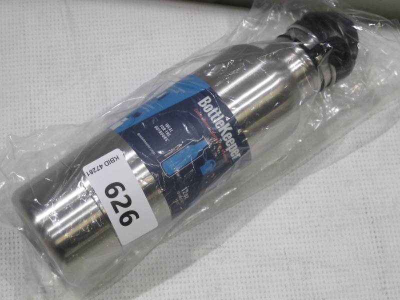 lot 372 image: NEW Bottlekeeper 12 oz Standard Beer Bottle Holder with Cap - Stainless Steel