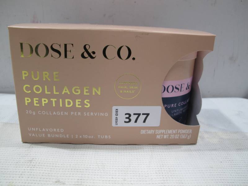 lot 377 image: NEW Dose & Co Pure Collagen Peptides, Unflavored, 2 10oz Tubs