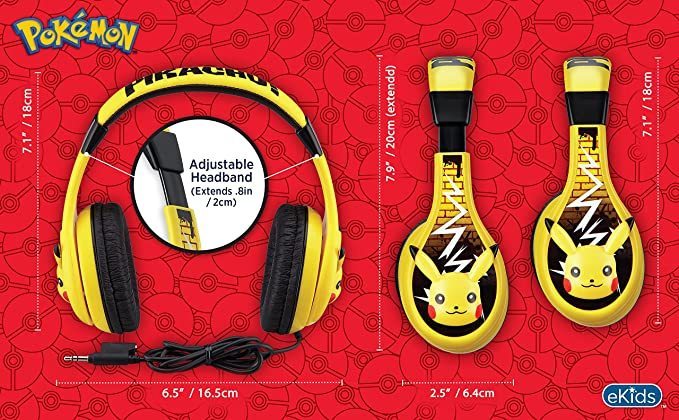 lot 418 image: Pokemon Pikachu Kids Headphones, Adjustable Headband, Stereo Sound, 3.5Mm Jack, Wired Headphones for Kids