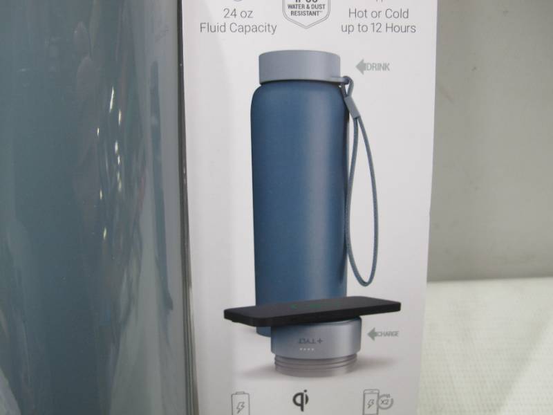 lot 417 image: NEW Tylt 12 Hour HotCold Water Bottle & Qi Wireless Power Bank, 24oz, Blue