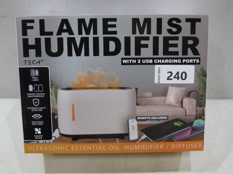 lot 240 image: NEW Tech Squared Flame Mist Humidifier & Ultrasonic Diffuser w 2 USB Charging Ports