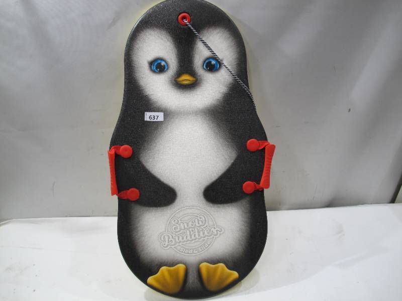 lot 243 image: NEW Snow Buddy Sno-Storm 36 Kiddy Sled with Tow Rope and Handles - Penguin