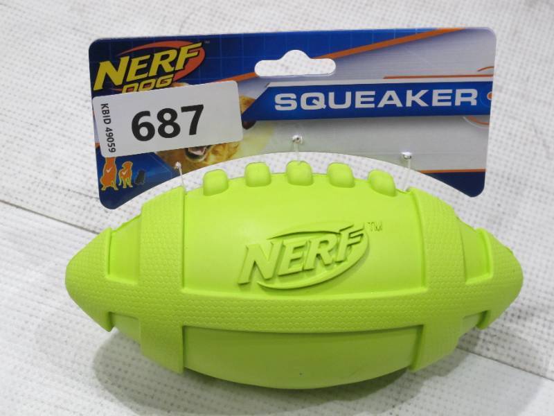 lot 201 image: NEW NERF Dog 6 inch Rubber Squeaker Football Dog Toy