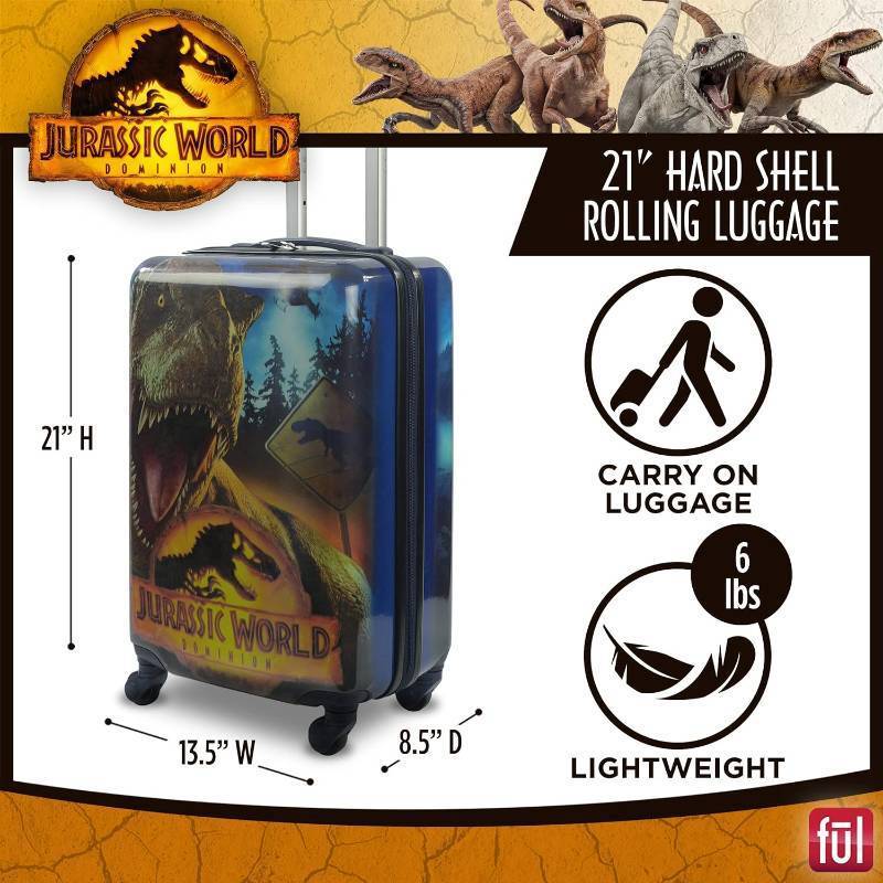 lot 228 image: NEW FUL Jurassic World Dominion 21 Inch Kids Rolling Luggage, Hardshell Carry On Suitcase with Wheels