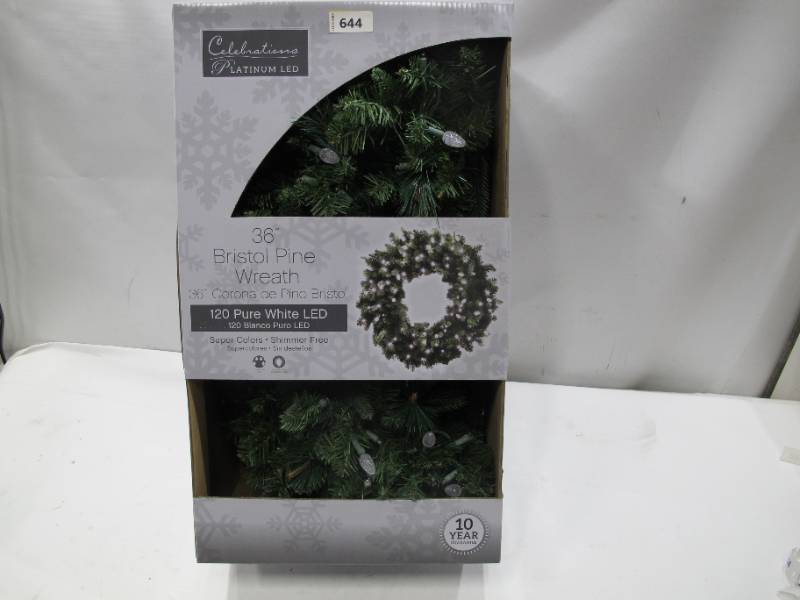 lot 224 image: NEW Celebrations 36 in. Dia. Bristol Pine Wreath with 120 White LEDs - Prelit Christmas Wreath