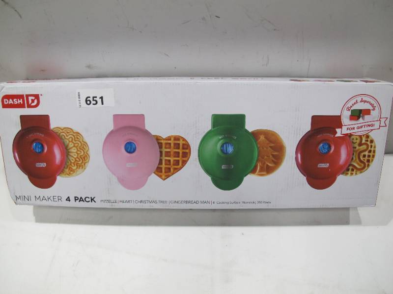lot 222 image: NEW Dash Holiday Mini Maker Set of Three Waffle Irons and Mini Pizzelle Maker