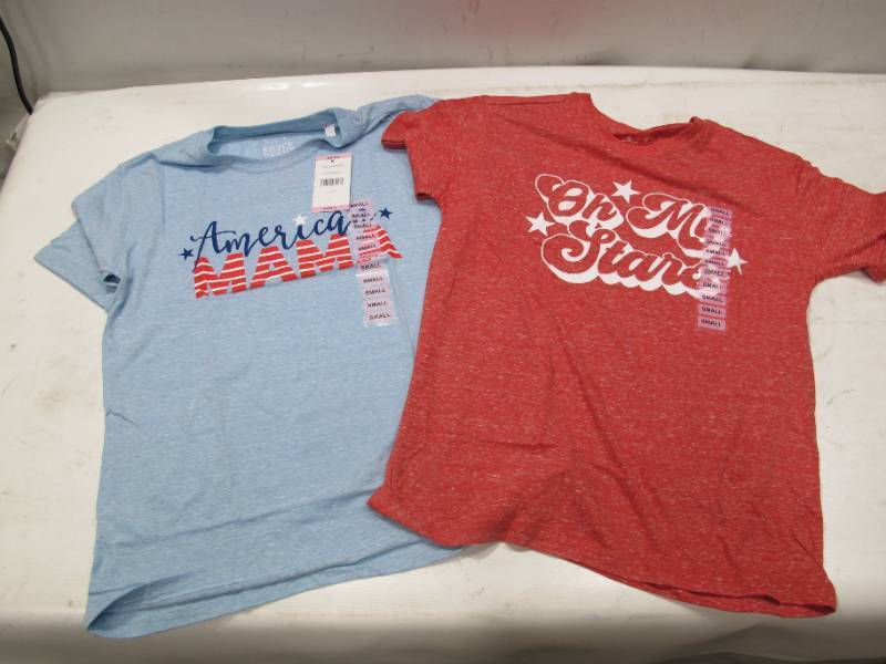 lot 475 image: NEW 2 Pack of Womens Patriotic T-Shirts - Red and Baby Blue - Size Medium