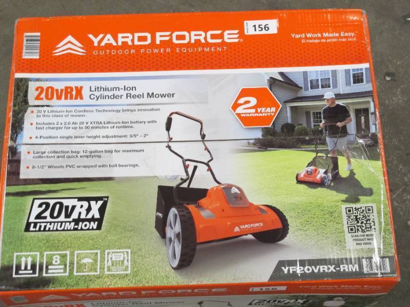 lot 165 image: NEW Yard Force 20v Lithium-Ion Cordless Reel Mower Kit with 2 Batteries, Charger And Rear Collection Bag