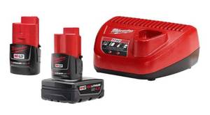 lot 25 image: MILWAUKEE M12 12-Volt Lithium-Ion 4.0 Ah and 2.0 Ah Battery Packs and Charger Starter Kit