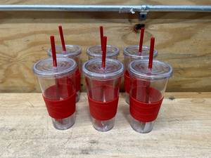 lot 75 image: Lot of 6- 24oz Acrylic Tumblers with Lids and Staws