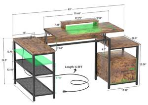lot 47 image: Aheaplus L Shaped Desk with Power Outlet, Standing Home Office Desk with Lift Top and File Drawer, 63 Reversible Corner Computer Desk with Monitor Stand, Gaming Desk with Led Lights, Rustic Brown
