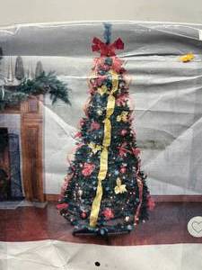 lot 90 image: NORTHLIGHT 6 Pre-Lit Artificial Christmas Tree Red & Gold Decorated Pop Up- Clear Lights