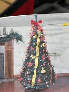 lot 91 image: NORTHLIGHT 7.5 Pre-Lit Artificial Christmas Tree Red & Gold Decorated Pop Up- Clear Lights