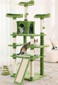 lot 105 image: KZLAA Tall Cat Tree 66in Big Cat Tower with Cat Feeding Station for Indoor Cats Kittens, Multi Level Large Cat Climbing Stand Cat Condo Furniture with Scratching Board, Sisal Scratch Post (Green)