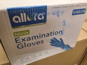 lot 99 image: Mostly full box of Allura Medical Examination Nitril Gloves Medium Sized