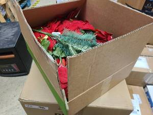 lot 117 image: Box packed full of Christmas and Winter themed floral faux picks