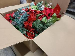 lot 120 image: Box packed full of Christmas and Winter themed floral faux picks