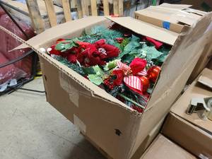 lot 122 image: Box packed full of Christmas and Winter themed floral faux picks