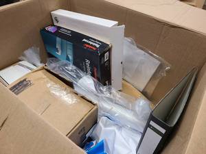 lot 127 image: Box of various office supplies and goods, paper and more