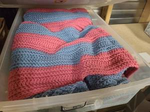 lot 24 image: LL Large size handmade pink and blue afghan