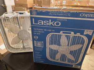 lot 31 image: 2x Box fans, 1 new, one lightly used.