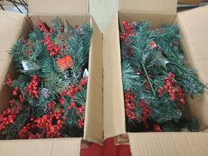 lot 110 image: 2 Boxes of holiday floral picks and decor. All new never used.