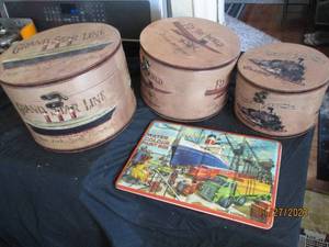 lot 42 image: Vintage tin water colour paint box made in England (lots of paints never used) and Set of travel boxes in assorted descending sizes