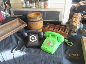 lot 75 image: Vintage Baron Von Scheuter Bust, rotary and push button telephones plus other vintage goodies and decor