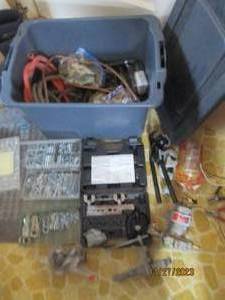 lot 76 image: Double Flaring tool kits, organizers full of assorted hardware, hose clamps and lots more in a covered tote