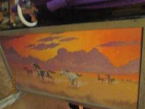 lot 84 image: Vintage Stallion painting with barnwood frame measures 5127