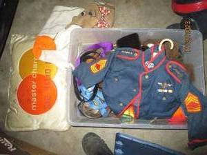 lot 96 image: Vintage costumes, belts and hats in a covered tote