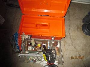 lot 105 image: Orange Tuff-Box toolbox and assortment of misc tools and hardware supplies