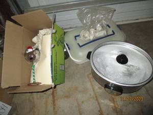 lot 106 image: Digital Crock pot, cake travel caddy, Christmas stemware and Holly Hobby Tea Set