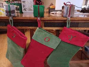 lot 60 image: 3-iece Set of Elegant Christmas Stockings and Weighted Stocking Hangers
