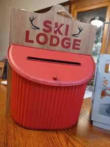 lot 61 image: New Hanging Metal Ski Lodge Christmas Card Box and an Ornate Wooden Box with a Metal Handle and a Battery Operated Candle