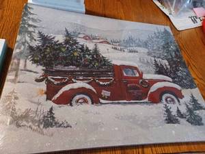 lot 68 image: Three New Christmas Decorative Items Green Hill Christmas Tree Farm Picture still in Plastic Wrap, Wood Picture Holder, and a Plaque