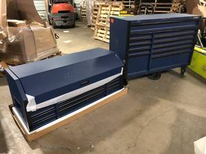 lot 21 image: Husky 56 in. W x 22 in. D Heavy Duty 23-Drawer Combination Rolling Tool Chest and Top Tool Cabinet Set in Matte Blue  Customer Returns See Pictures